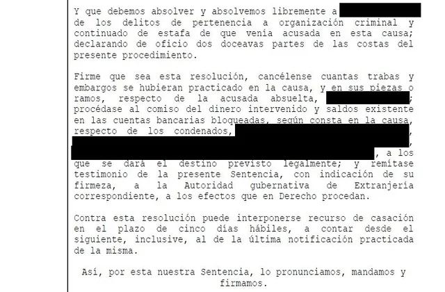 absuelta de los delitos de pertenencia a organizacion criminal y estafa