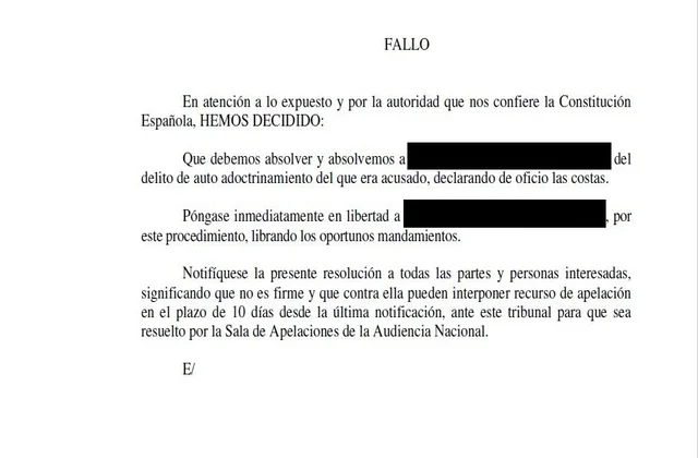 libertad inmediata y absolucion del delito de autoadoctrinamiento terrorista