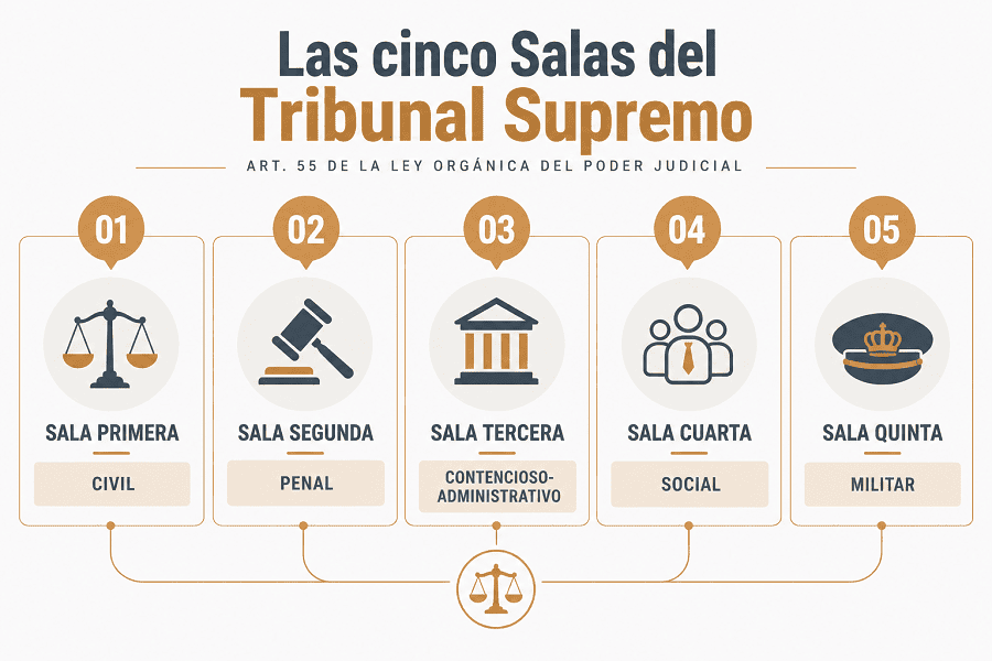 Esquema visual de las cinco Salas que integran el Tribunal Supremo